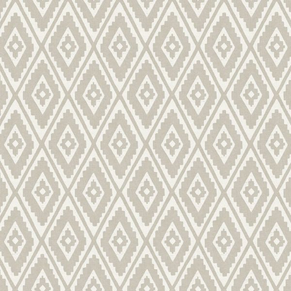 Beige-and-white ikat-style diamond patterned wallpaper (object) repeats uniformly across a flat surface (action), creating a neutral, evenly lit textile-like background with no visible furnishings or view (context).