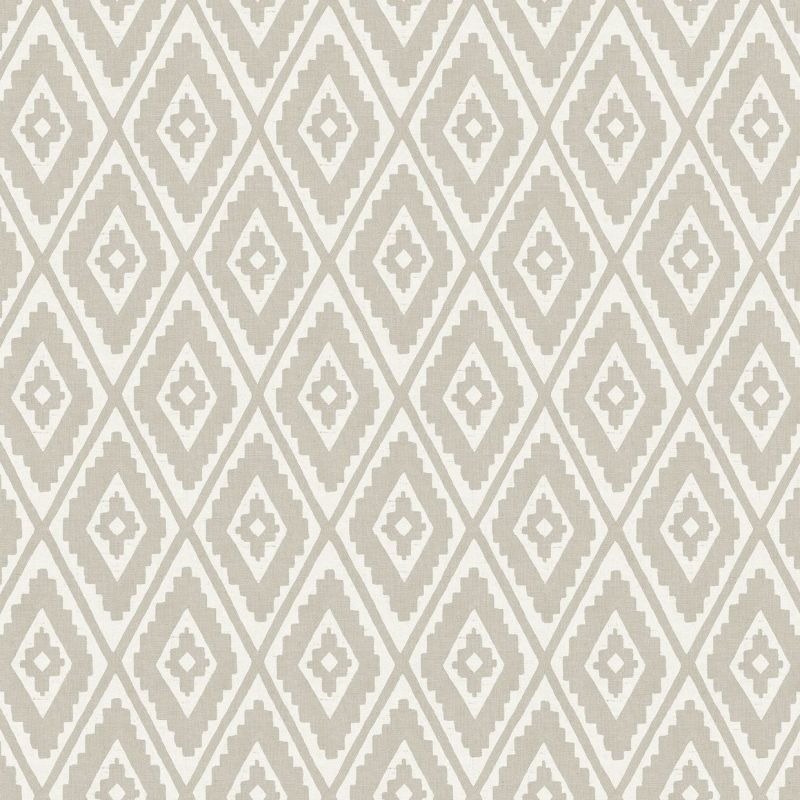 Beige-and-white ikat-style diamond patterned wallpaper (object) repeats uniformly across a flat surface (action), creating a neutral, evenly lit textile-like background with no visible furnishings or view (context).