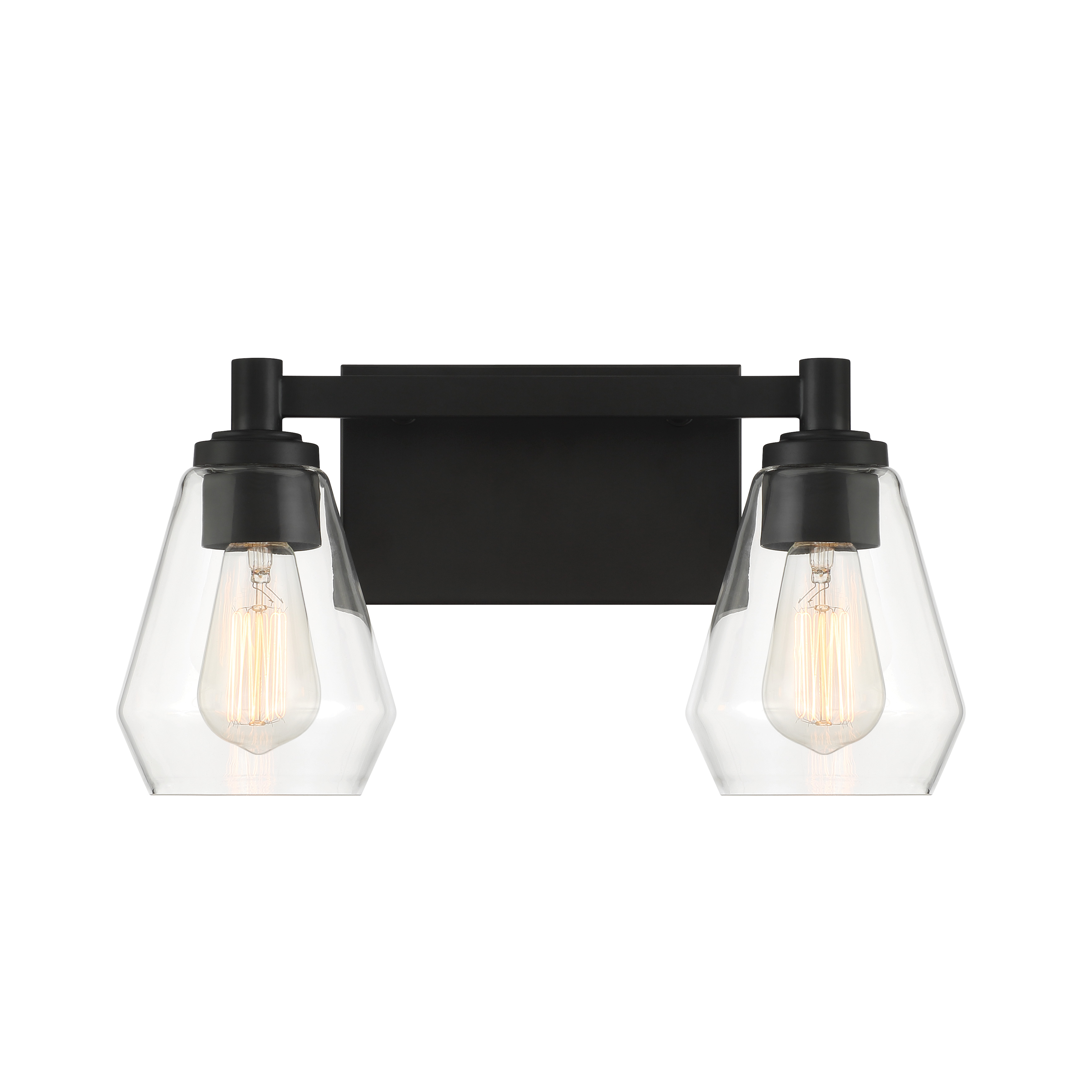 The Clarity 2-Light Bath Vanity combines minimalist design with practical functionality. Its coal black finish and reversible clear glass shades create a sophisticated look perfect for contemporary bathrooms. - alternate view
