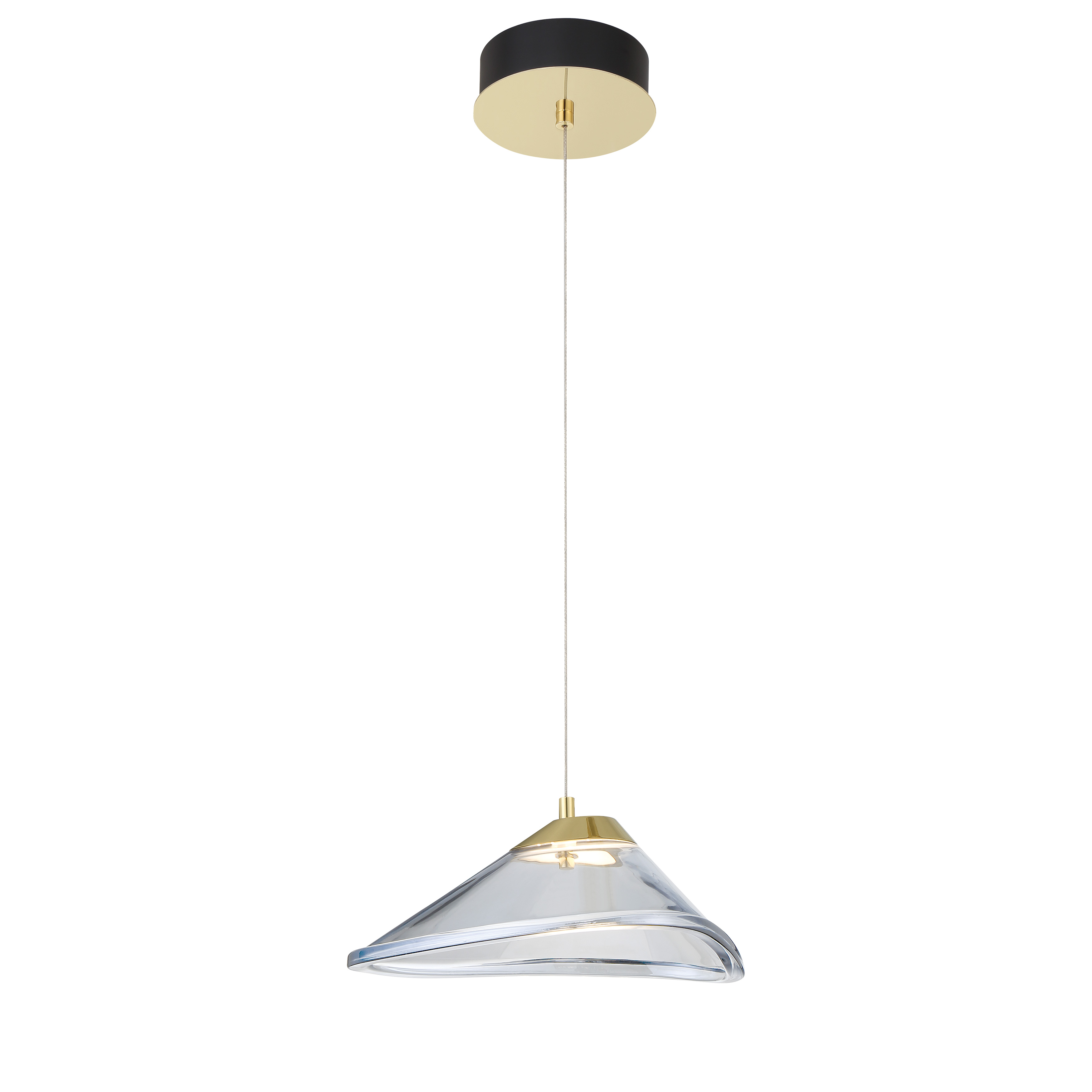 The Sneer mini pendant combines industrial-inspired pressed glass with a sophisticated coal and sun gold finish. Its compact 10.25-inch width makes it perfect for smaller spaces or grouped installations over islands. - alternate view