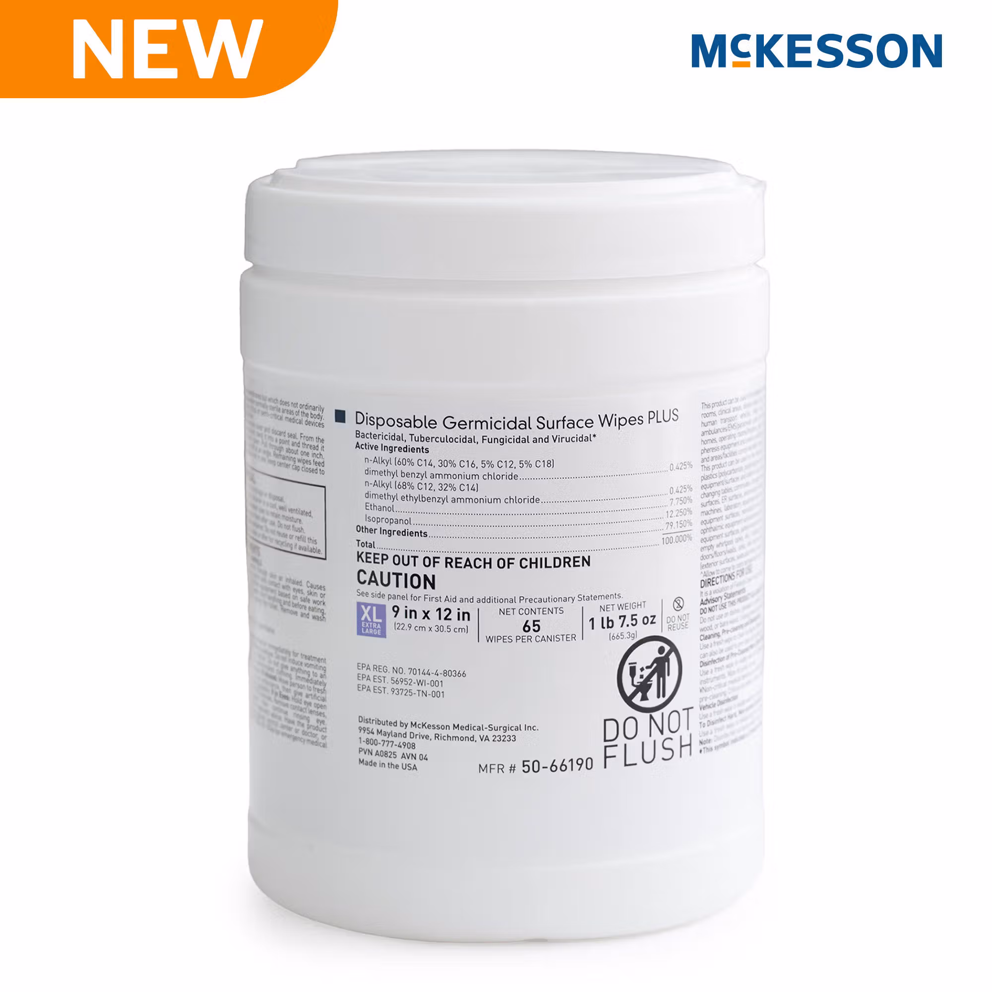 McKesson Premoistened Germicidal Wipe Surface Disinfectant Cleaner, 9 x 12 Inch