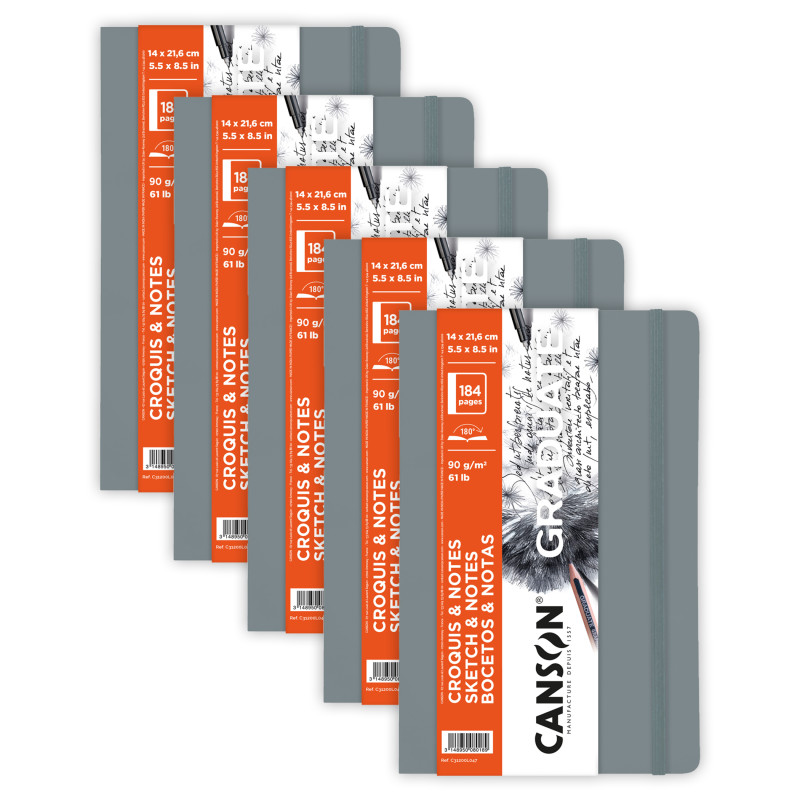 Graduate Sketch & Notes Art Book, Light Gray, Soft Cover Binding, 92 Sheet, 5.5x8.5 inch, Pack of 5