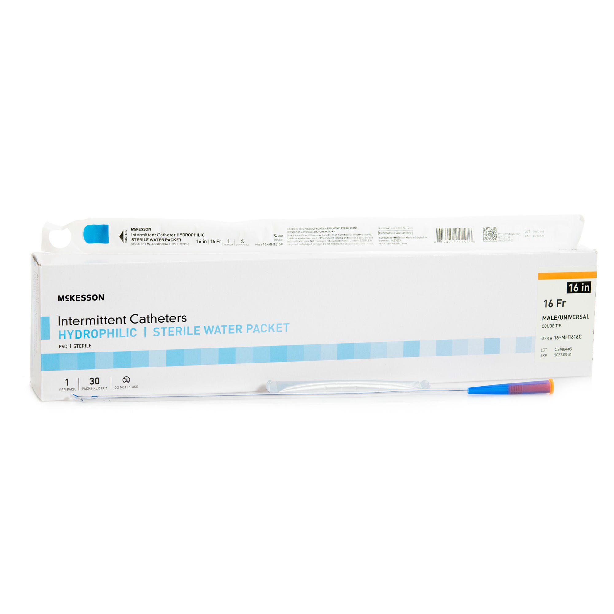 McKesson Brand CATHETER, URETH COUDE TIP HYDROPHILIC 16FRX16" (30/BX)