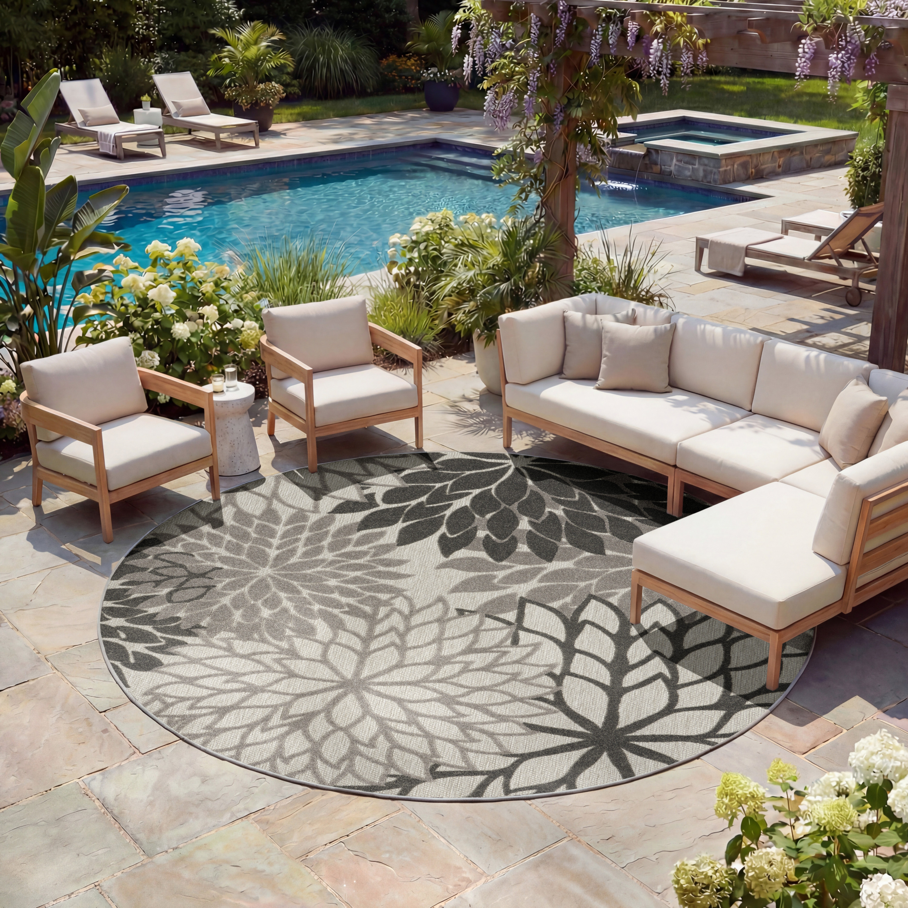 Nourison Aloha 7'10" x Round Silver Grey Tropical Rug