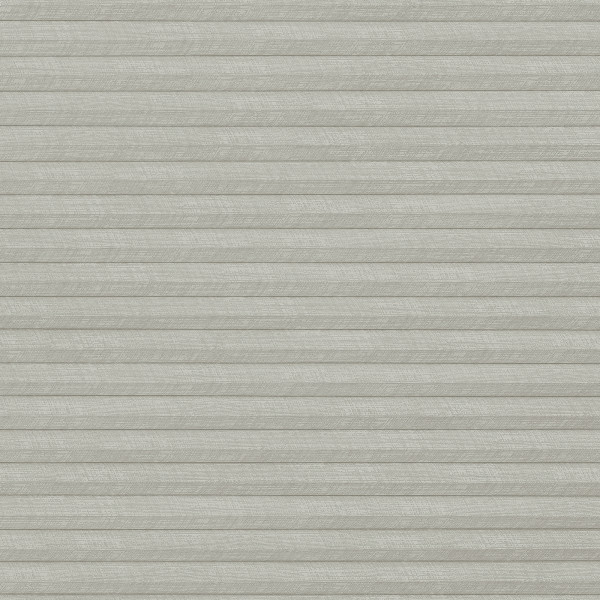 Light-gray pleated cellular shade, fully lowered with textured horizontal folds; closed, blocking view and softly diffusing daylight; fills a neutral, minimally lit interior wall with uniform, muted tone.