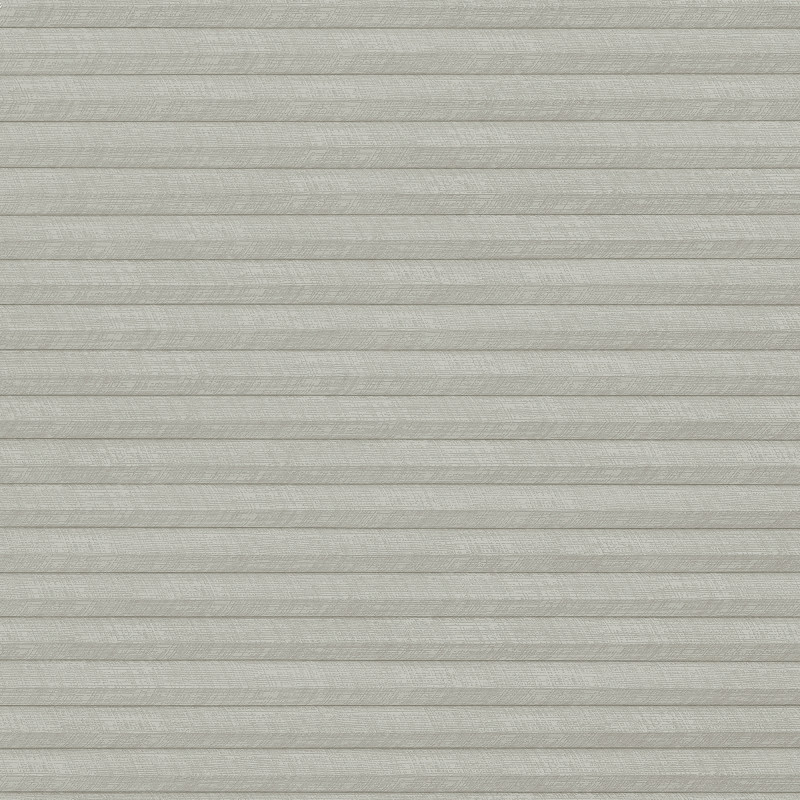 Light-gray pleated cellular shade, fully lowered with textured horizontal folds; closed, blocking view and softly diffusing daylight; fills a neutral, minimally lit interior wall with uniform, muted tone.