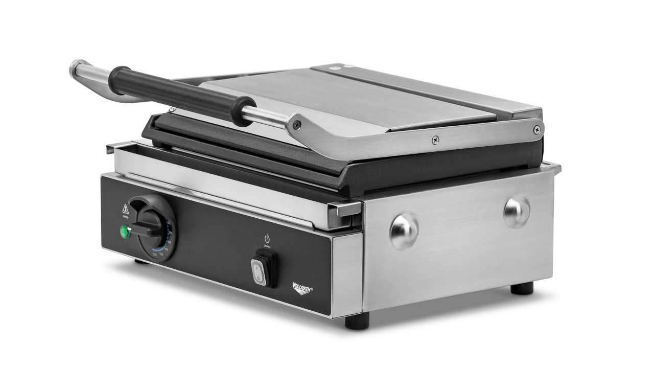 120-volt single panini sandwich grill with cast-iron flat plates and NEMA 5-15P Plug