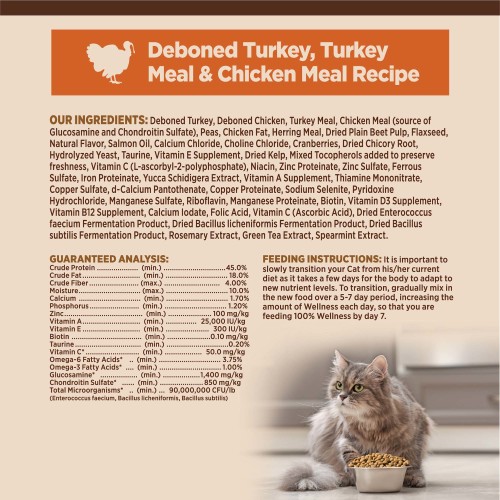 <p>Deboned Turkey, Deboned Chicken, Turkey Meal, Chicken Meal (source of Glucosamine and Chondroitin Sulfate), Peas, Chicken Fat, Herring Meal, Dried Plain Beet Pulp, Flaxseed, Natural Flavor, Salmon Oil, Calcium Chloride, Choline Chloride, Cranberries, Dried Chicory Root, Hydrolyzed Yeast, Taurine, Vitamin E Supplement, Dried Kelp, Mixed Tocopherols added to preserve freshness, Vitamin C (L-ascorbyl-2-polyphosphate), Niacin, Zinc Proteinate, Zinc Sulfate, Ferrous Sulfate, Iron Proteinate, Yucca Schidigera Extract, Vitamin A Supplement, Thiamine Mononitrate, Copper Sulfate, d-Calcium Pantothenate, Copper Proteinate, Sodium Selenite, Pyridoxine Hydrochloride, Manganese Sulfate, Riboflavin, Manganese Proteinate, Biotin, Vitamin D3 Supplement, Vitamin B12 Supplement, Calcium Iodate, Folic Acid, Vitamin C (Ascorbic Acid), Dried Enterococcus faecium Fermentation Product, Dried Bacillus licheniformis Fermentation Product, Dried Bacillus subtilis Fermentation Product, Rosemary Extract, Green Tea Extract, Spearmint Extract.<br />
This is a naturally preserved product<br />
Manufactured in a facility that also processes grains									</p>
