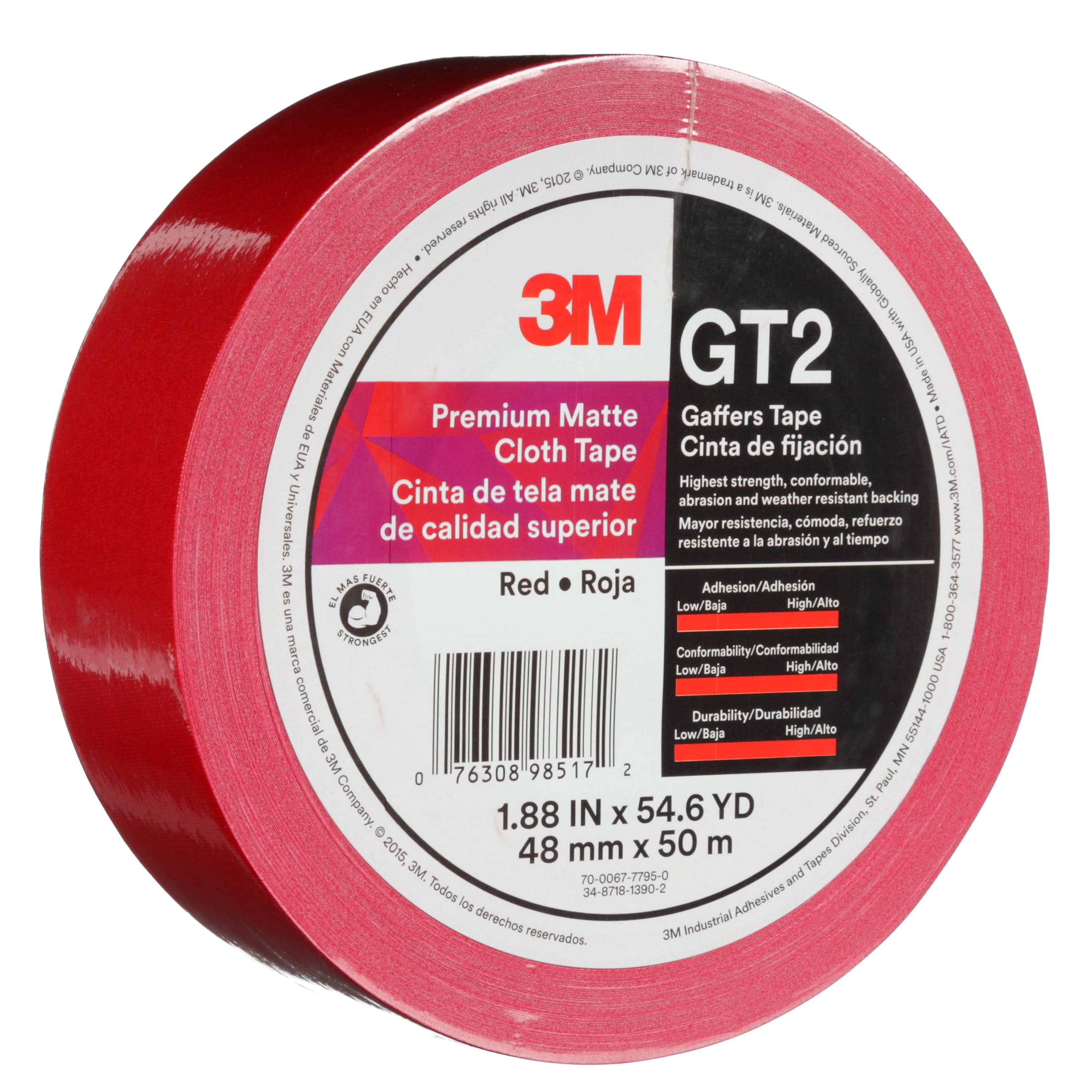3M™ Premium Matte Cloth (Gaffers) Tape GT2, Red, 48 mm x 50 m, 11 mil,
24 per case
