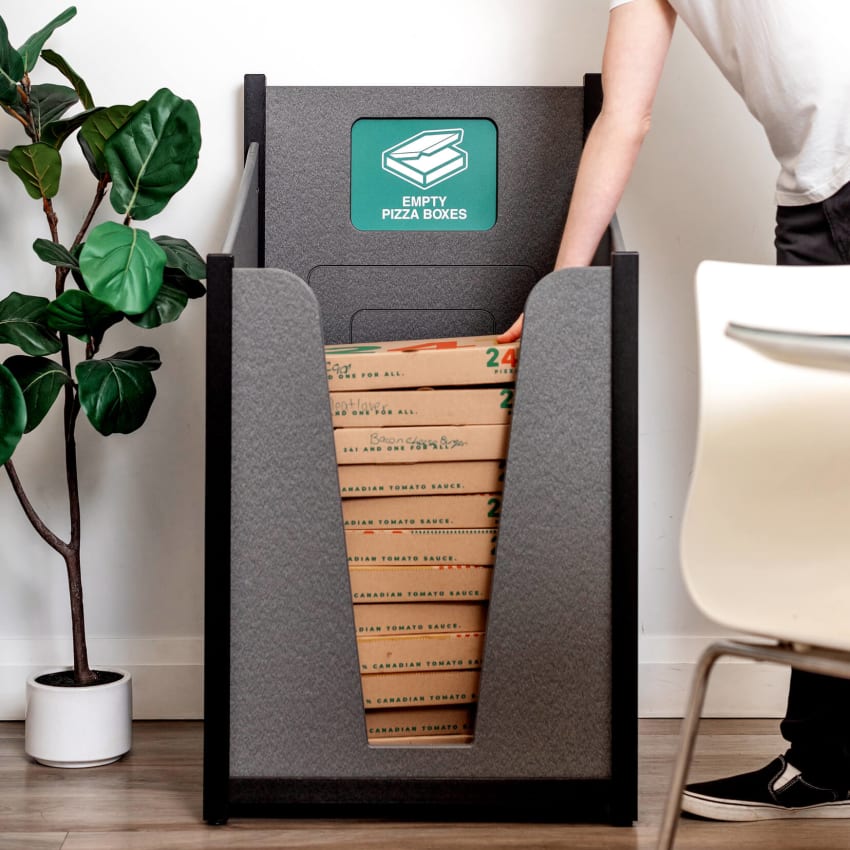 grey and black pizza box recycling bin in an office cafeteria