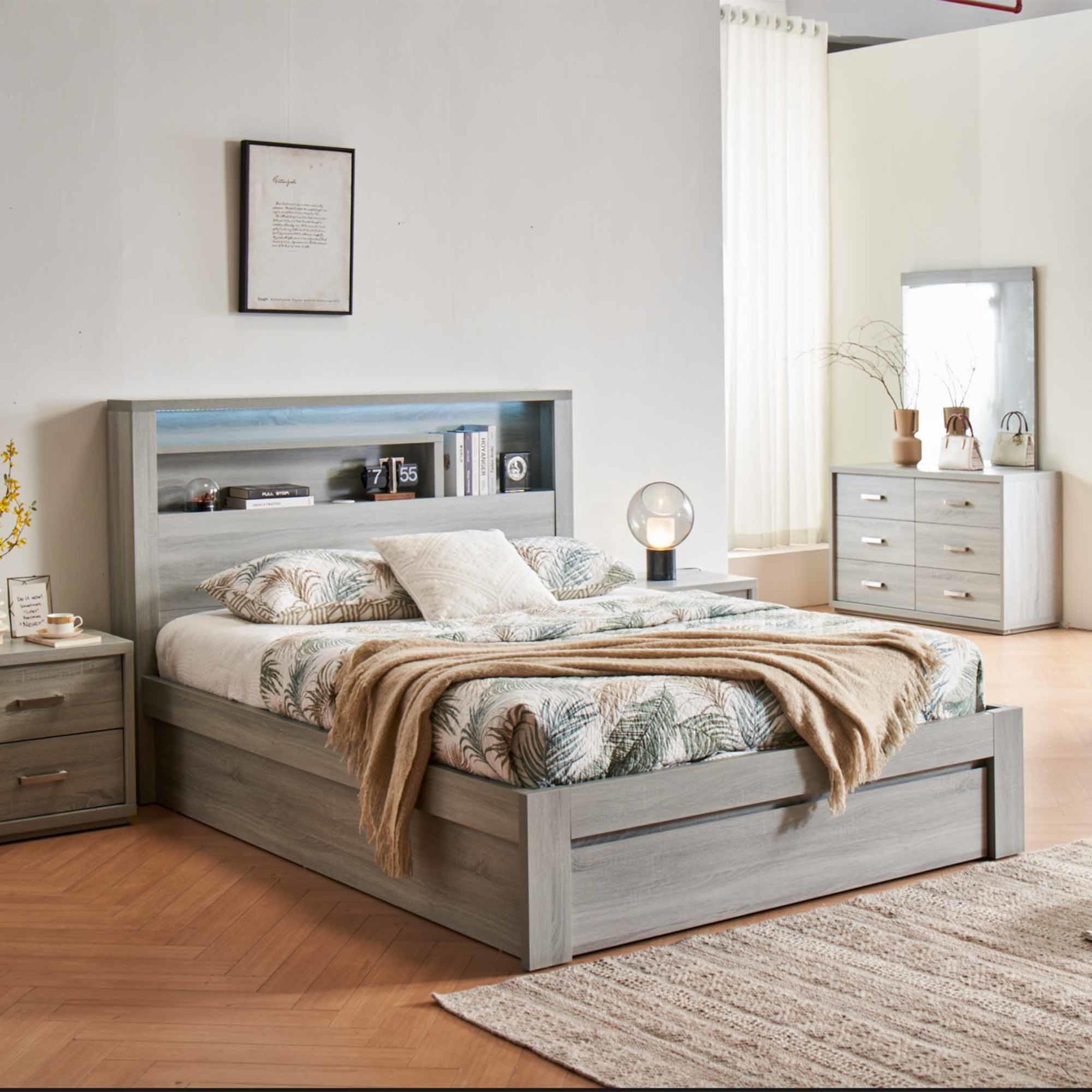 Lifestyle image of the  Bellevue Bed Frame, Side Gas Lift & End Drawer Base, Cement Grey from Forty Winks