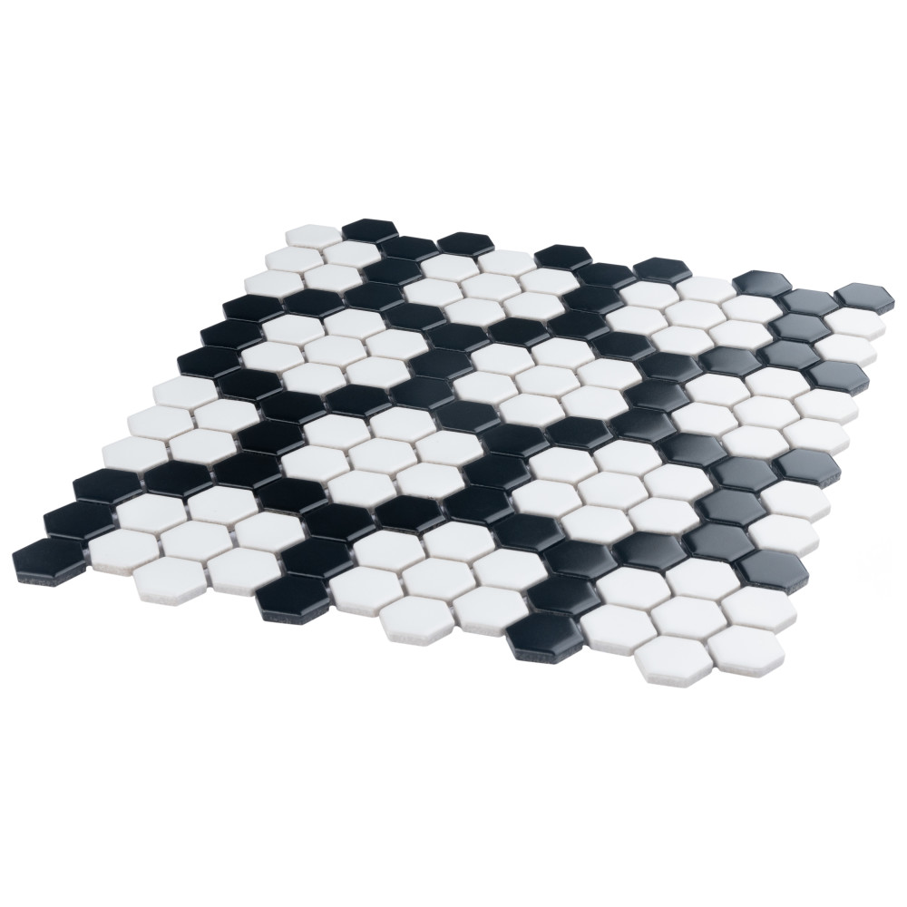 Sample – Metro 1″ Hex Matte White w/Black Honeycomb Porcelain Mosaic Tile