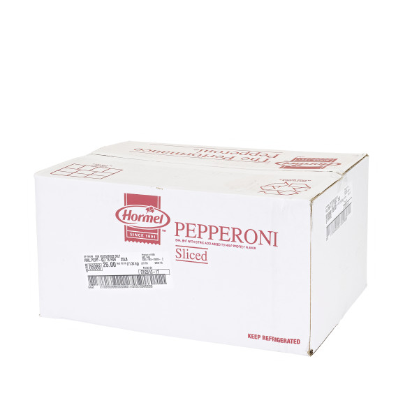 HORMEL(r) THE PERFORMANCE PEPPERONI(r) Pepperoni, 18 slices per oz, 2/12.5 lb . C1RA - Front Right Closed Case (Hi Res)