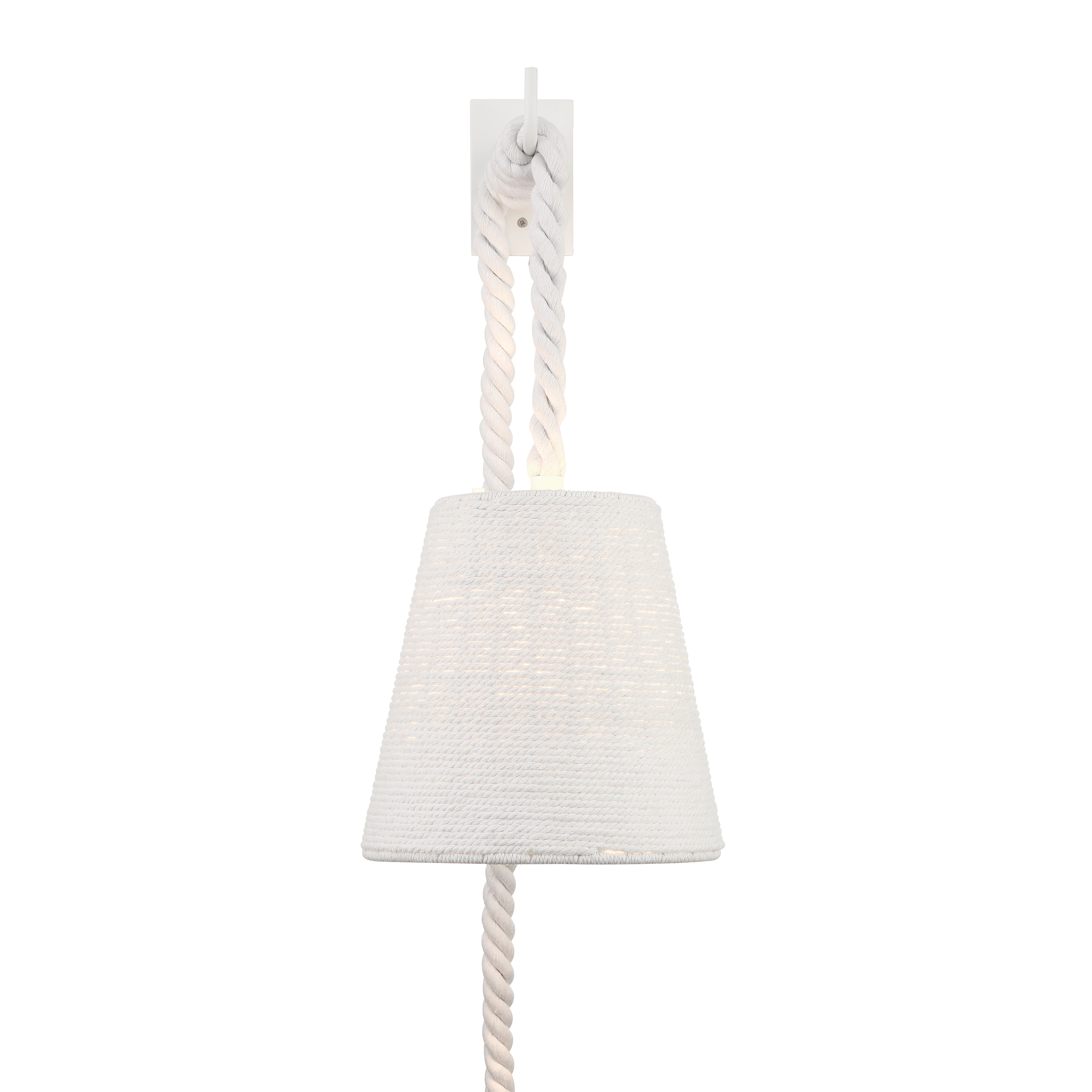 The Lodelle wall sconce brings relaxed coastal charm with its matte white finish and distinctive cotton rope shade. Compact at 10 inches wide, it's perfect for bathrooms, hallways, and bedrooms where soft, textured lighting is desired. - alternate view