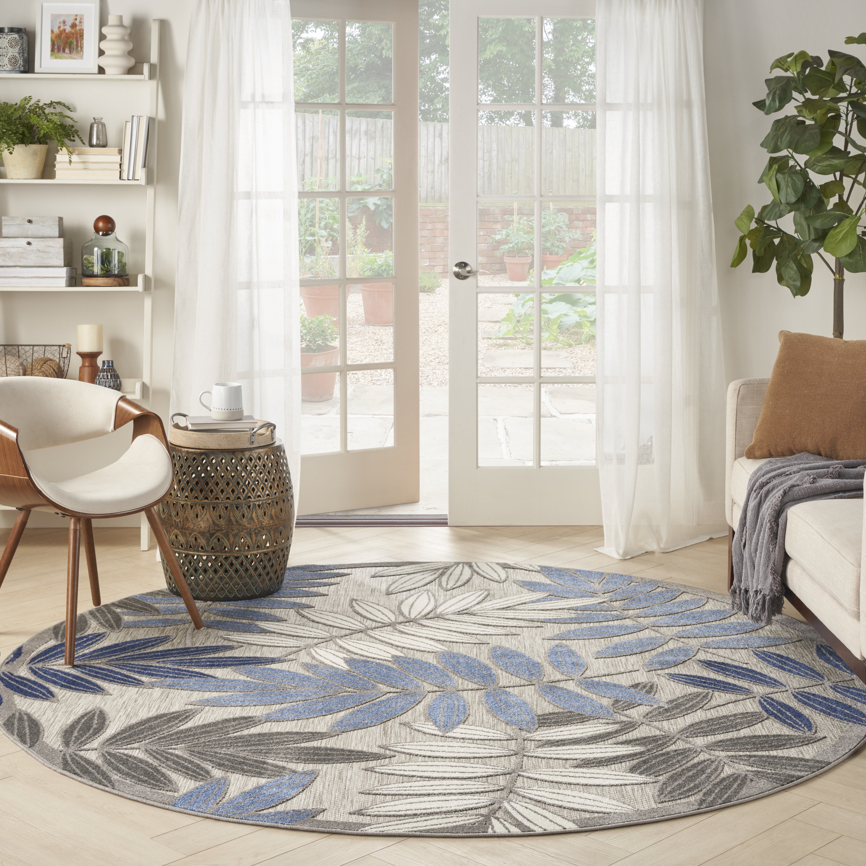 Nourison Aloha 7'10" x Round Grey Blue Tropical Rug