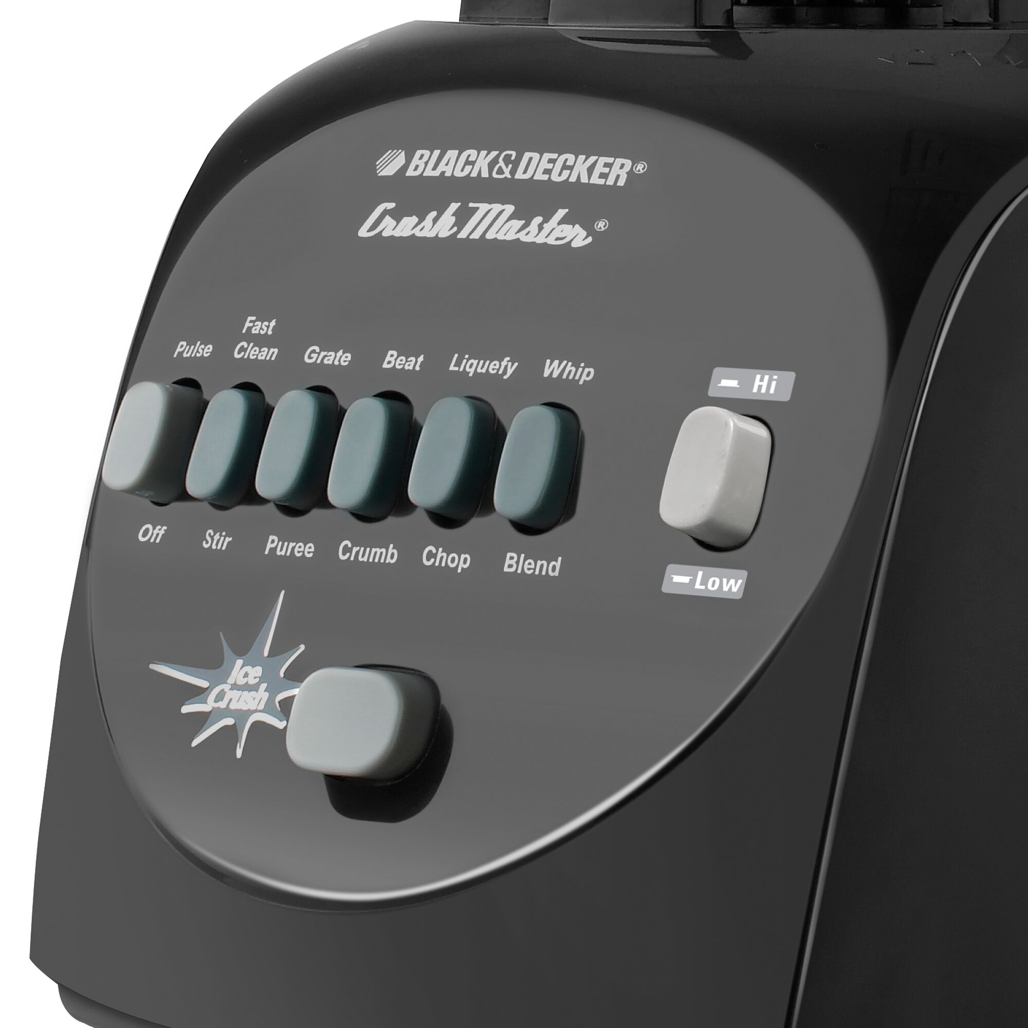 Close-up of push button controls for the BLACK+DECKER 10 Speed Blender
