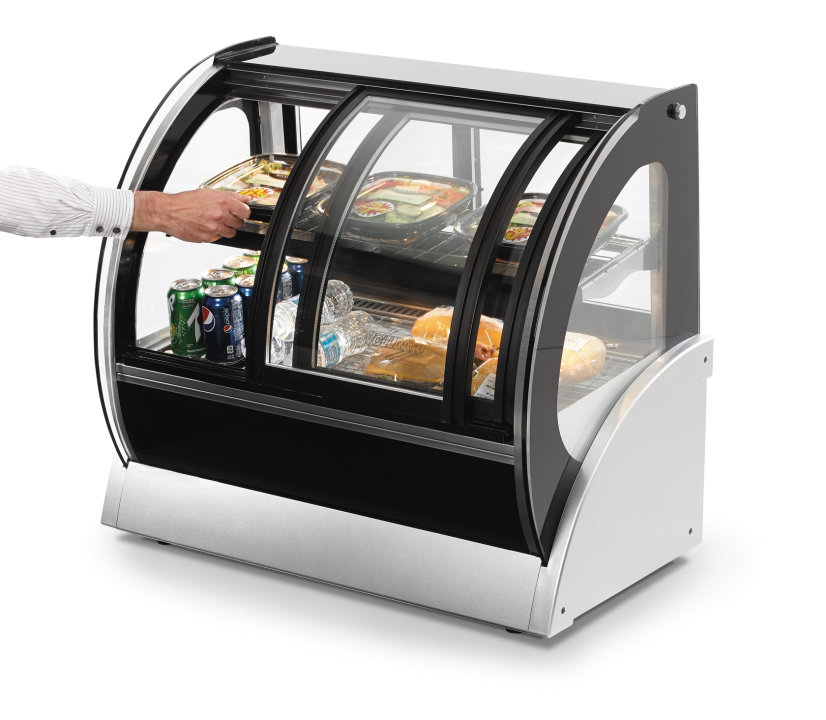 Refrigerated Curved Countertop Self-Serve Display Case, 48"2-tier 48-inch-wide 120-volt curved-glass refrigerated display case with front and rear access in black