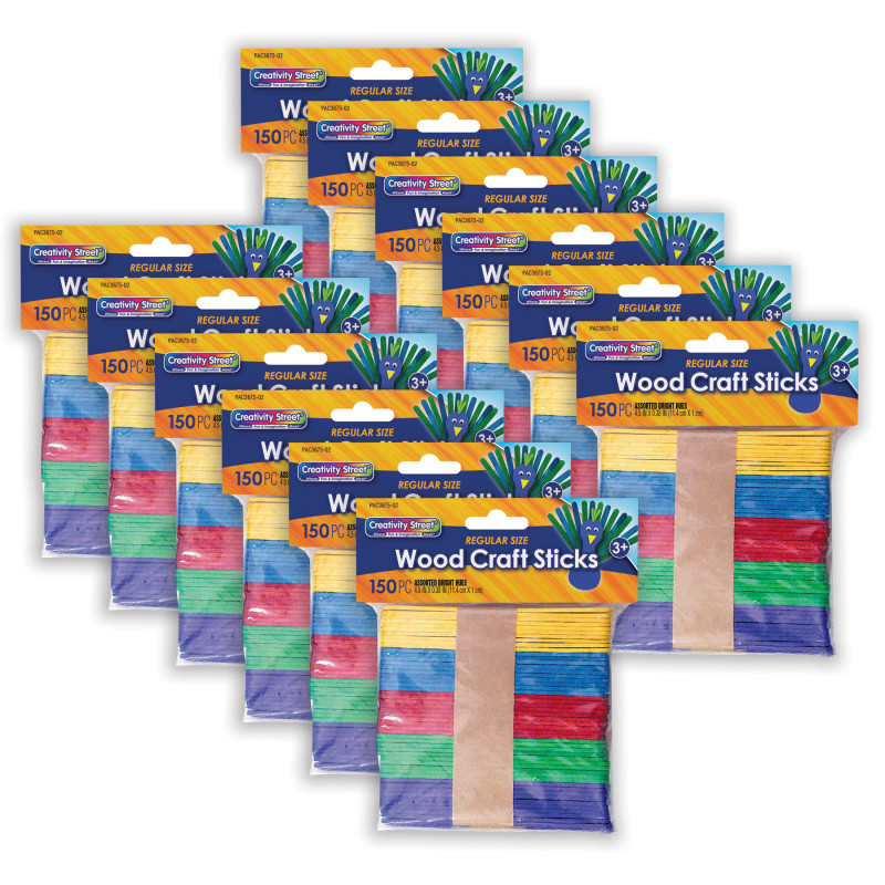 Regular Craft Sticks, Bright Hues Assorted, 4 1/2" x 3/8" x 2mm, 150 Per Pack, 12 Packs