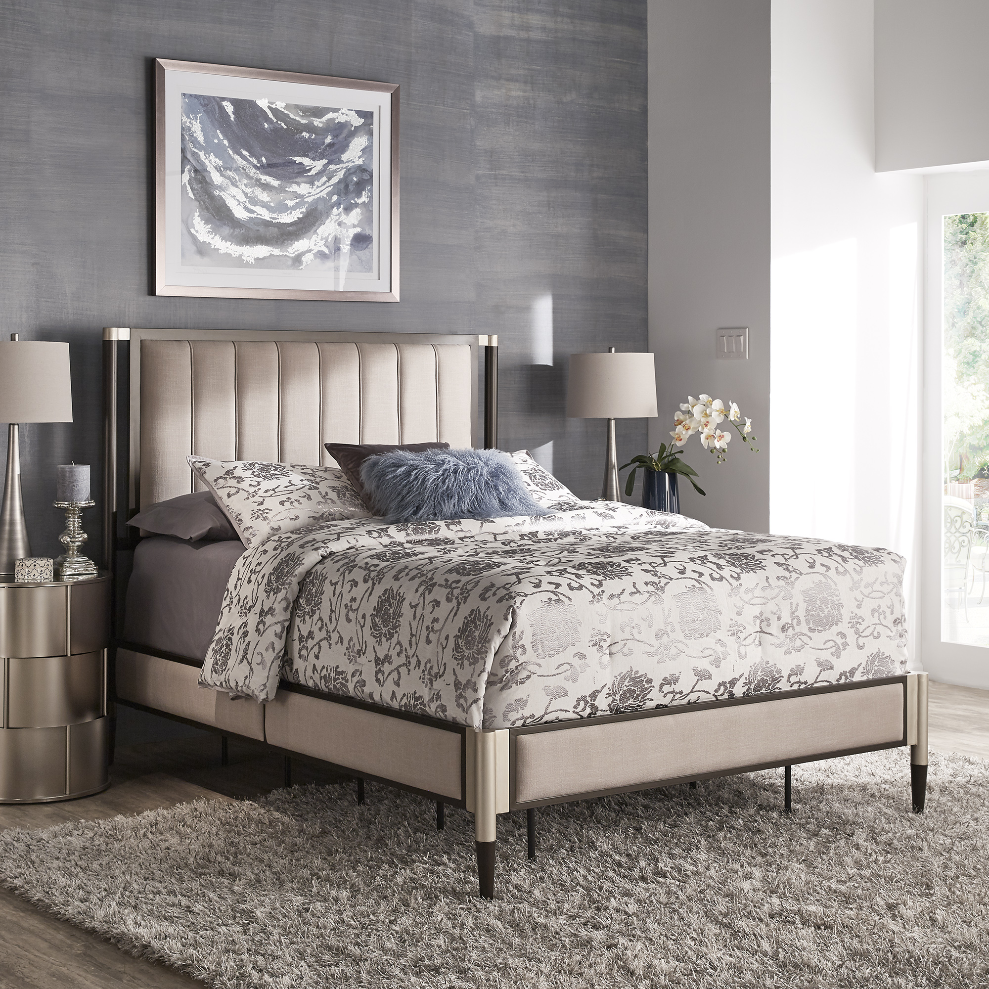 Beige Fabric Queen Bed and Bench Set