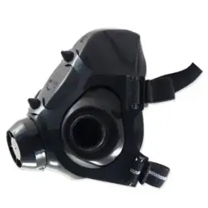 Side view of a black powered air purifying respirator.