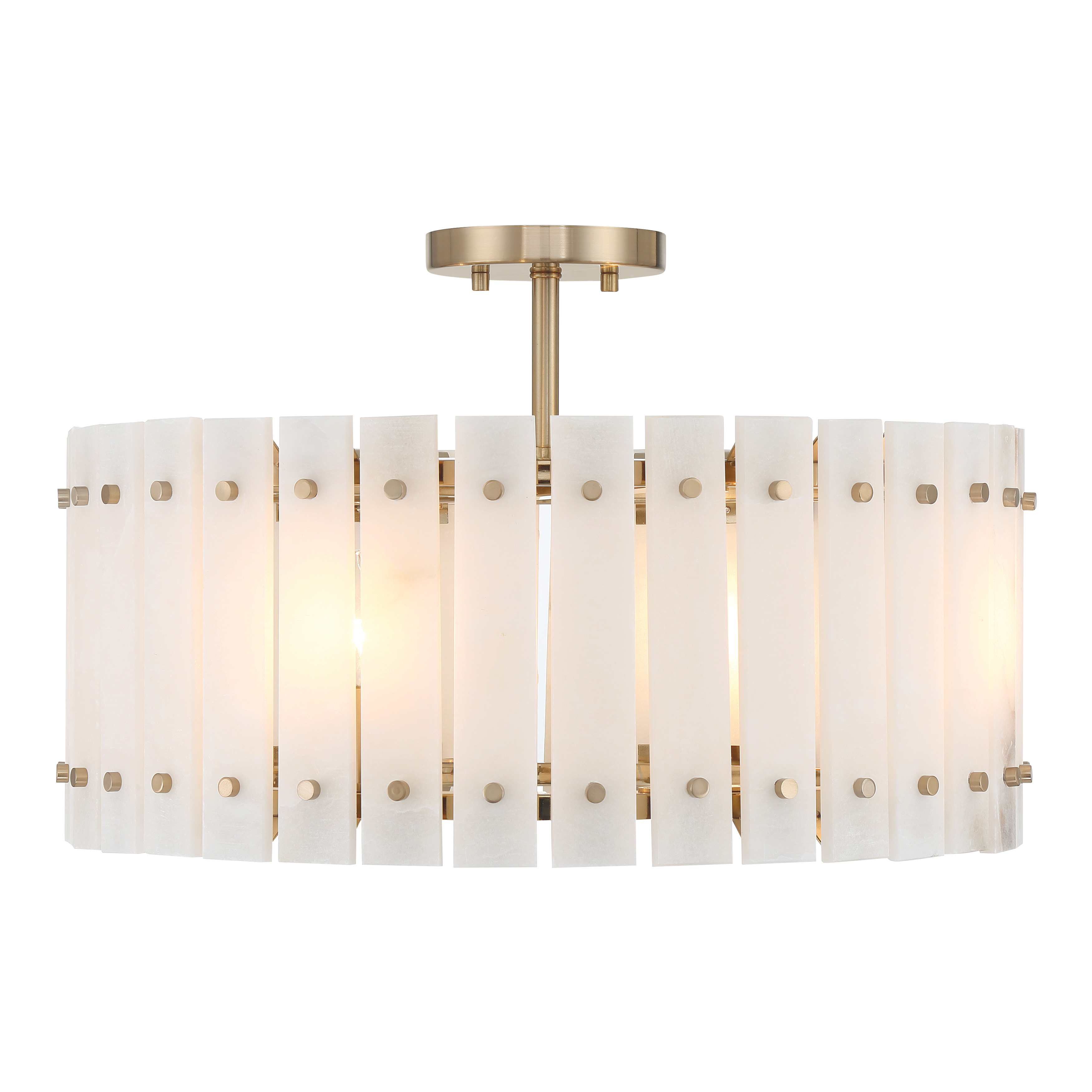 The Bardon semi-flush mount combines contemporary brass finish with natural alabaster panels for sophisticated ambient lighting. Its compact 21-inch width makes it ideal for smaller spaces needing refined style. - alternate view