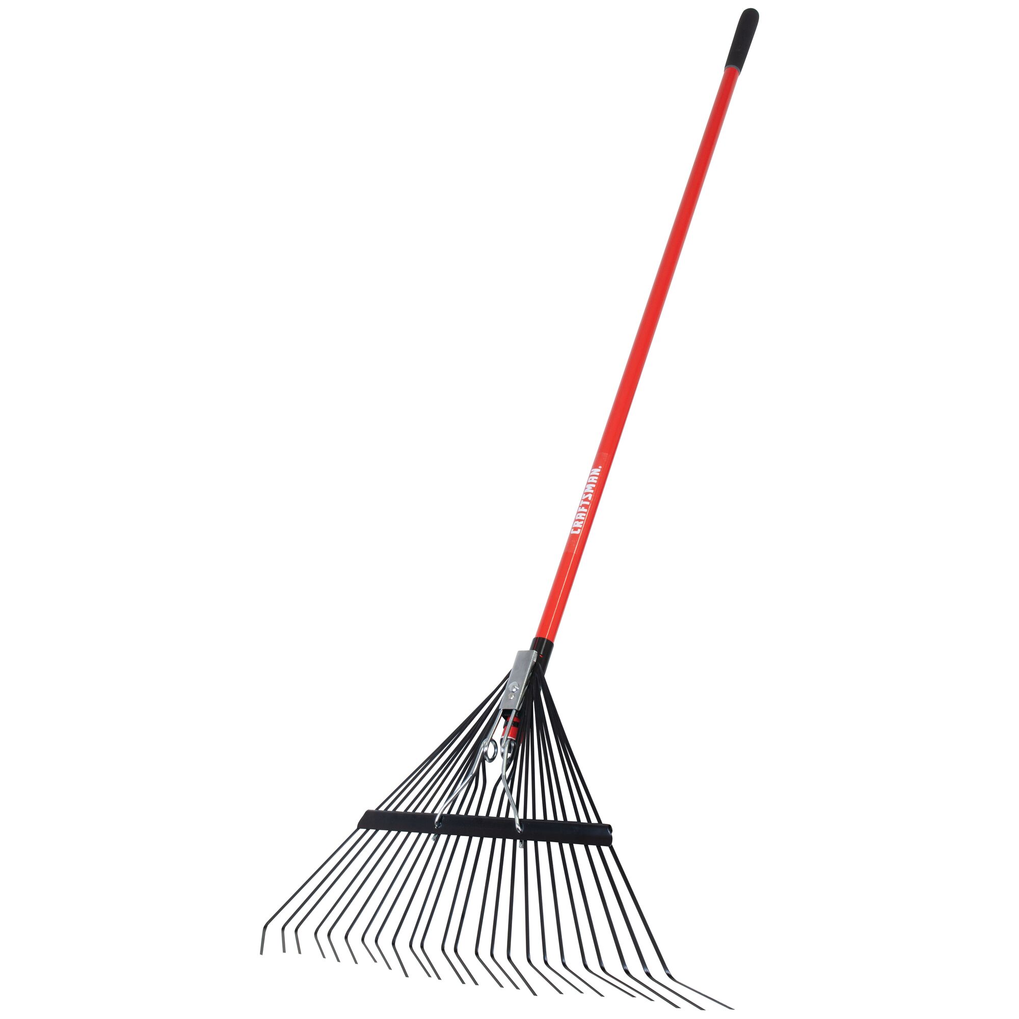Right profile of 24 inch tine fiberglass handle lawn rake.