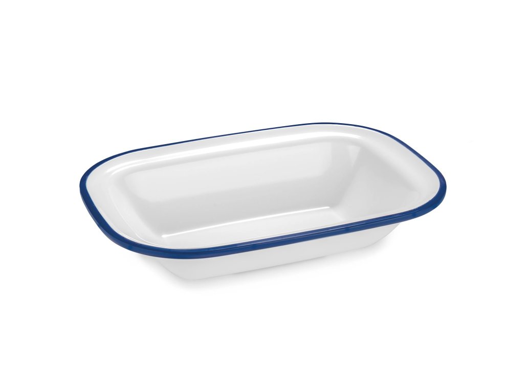 Fuente rectangular de 27 centímetros de melamina en blanco con borde azul