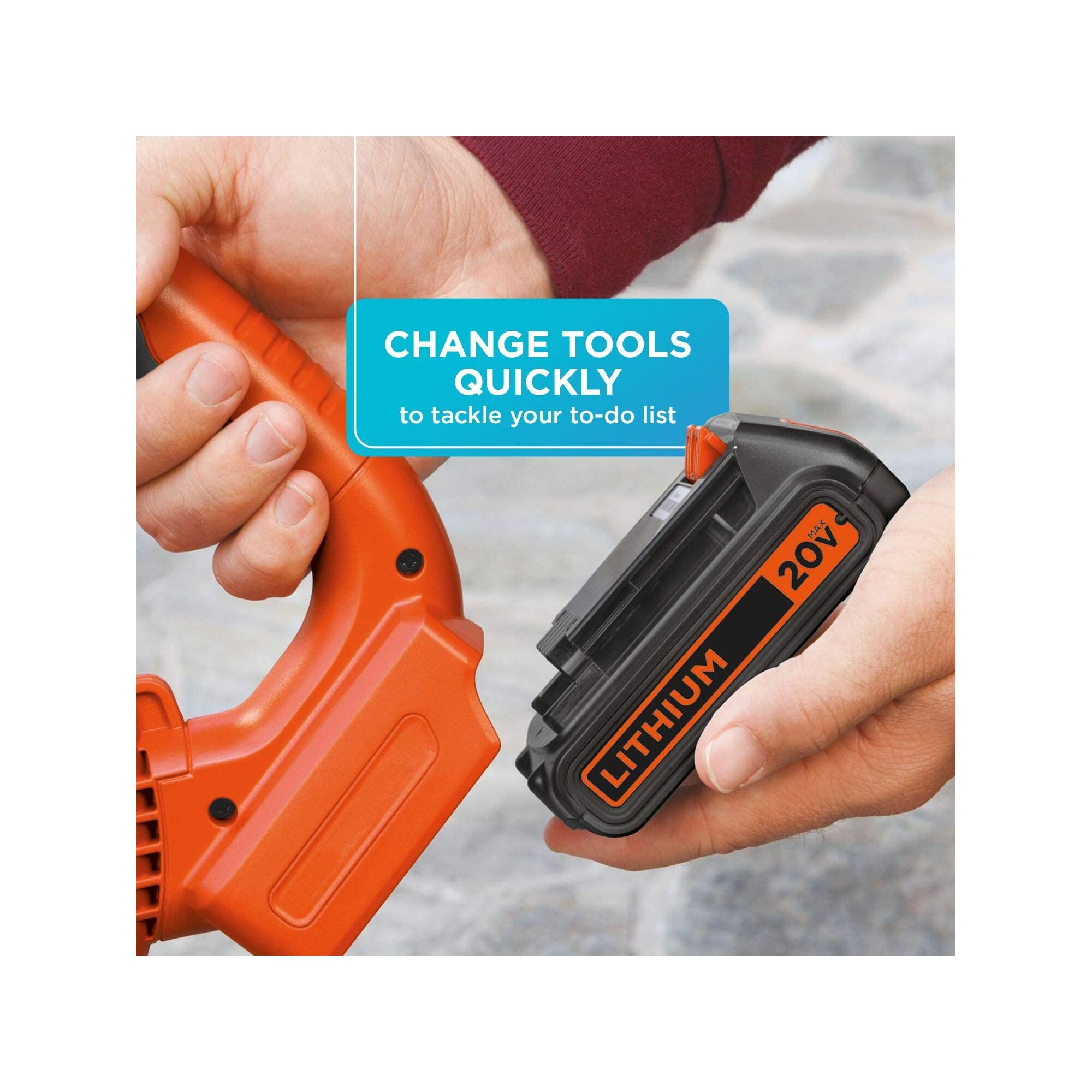 Person installing 20V Max battery onto a tool