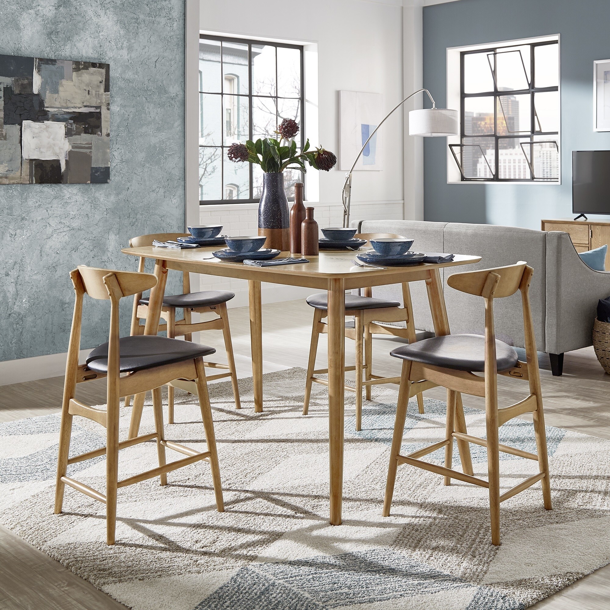 Mid-Century Natural Oak Counter Height Dining Set