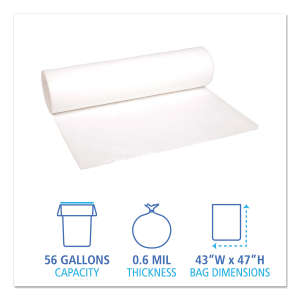 Boardwalk,  LLDPE Liner, 56 gal Capacity, 43 in Wide, 47 in High, 0.6 Mils Thick, White