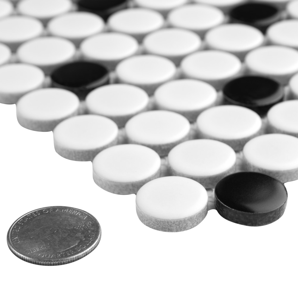Sample – Metro Penny Matte White w/Black Dot Porcelain Mosaic Tile