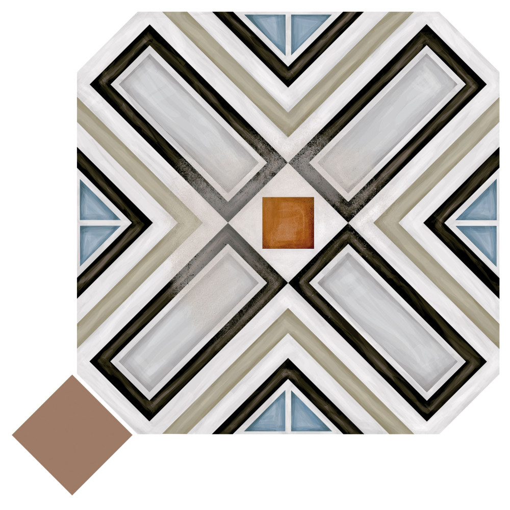 Vaudeville Octagon Deco Ritter with Taco Marron 7-7/8 in. x 7-7/8 in. Porcelain Floor and Wall Tile