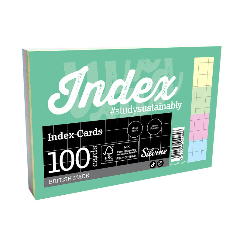 Square Grid Index Cards, 6 x 4 Inches, 4 Assorted Colors, 100 Cards