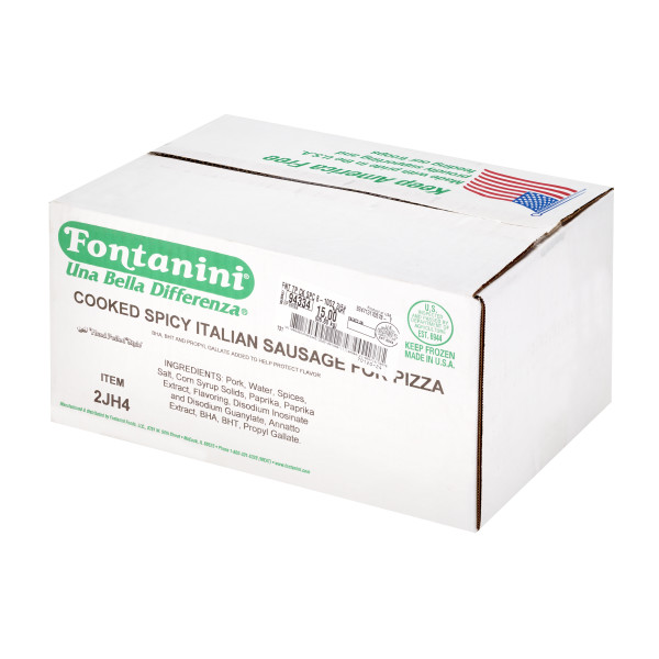 FONTANINI(r) Spicy Italian Sausage Topping, Cooked, Crumble, 8-10 pieces/oz., . C1RA - Front Right Closed Case (Hi Res)