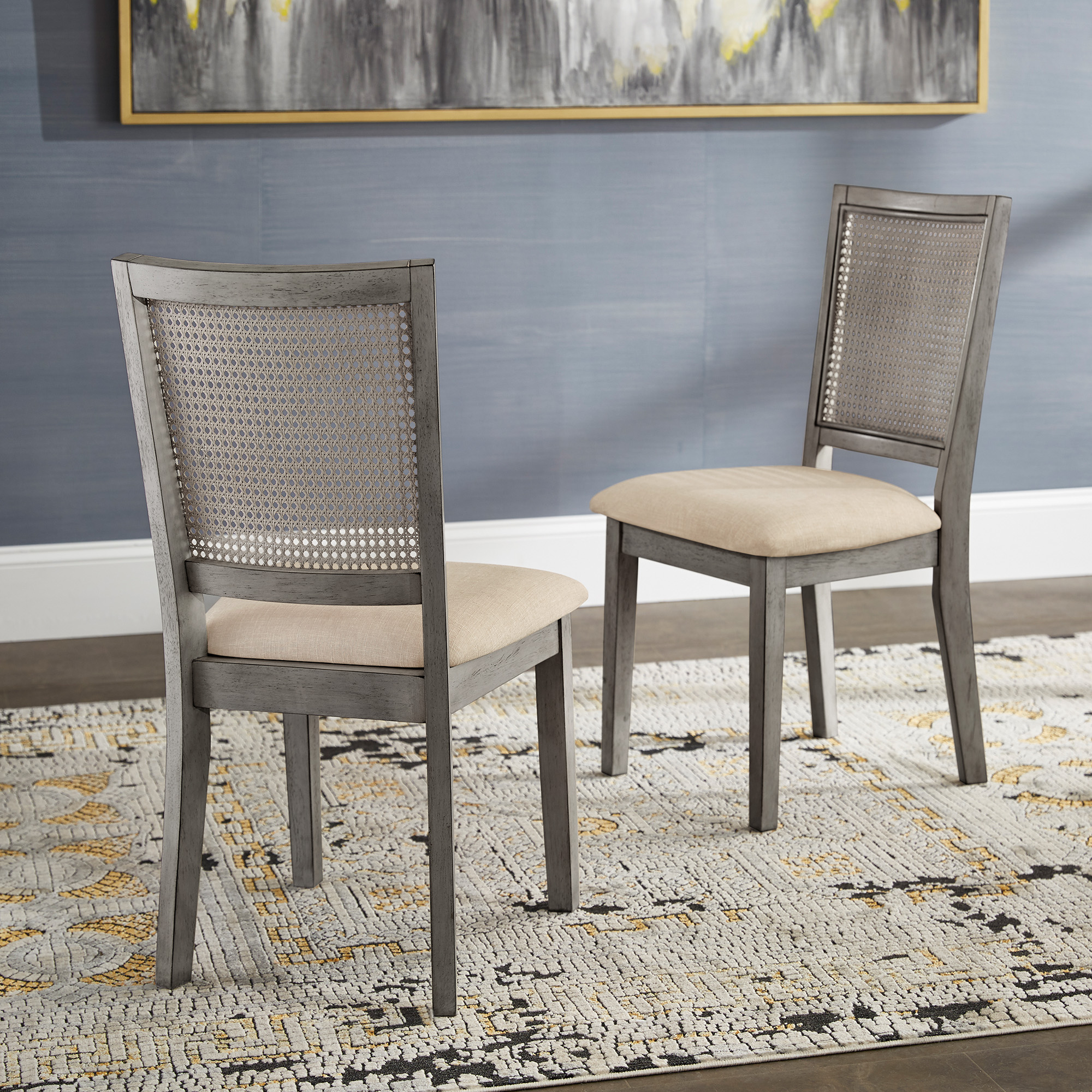 Beige Linen Rattan Back Dining Chairs (Set of 2)