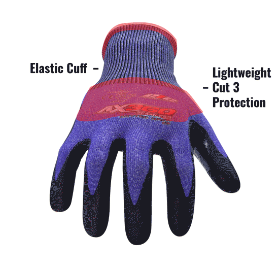 AX360 Seamless Nitrile-dipped Cut Resistant Dotted Grip Gloves in Black and Blues (EN Level 3) AXDGC3-03 showing Lightweight Protection and Elastic Cuff