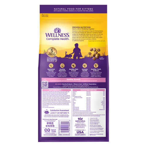 Wellness Complete Health Grained Kitten Deboned Chicken, Chicken Meal & Rice back packaging