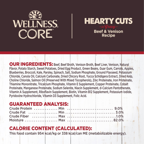 <p>Beef, Beef Broth, Venison Broth, Beef Liver, Venison, Natural Flavor, Potato Starch, Sweet Potatoes, Dried Egg Product, Green Beans, Guar Gum, Carrots, Apples, Blueberries, Broccoli, Kale, Parsley, Spinach, Salt, Sodium Phosphate, Ground Flaxseed, Potassium Chloride, Canola Oil, Calcium Carbonate, Dried Chicory Root, Yucca Schidigera Extract, Dried Kelp, Choline Chloride, Salmon Oil (Preserved With Mixed Tocopherols), Zinc Proteinate, Iron Proteinate, Thiamine Mononitrate, Tricalcium Phosphate, Vitamin E Supplement, Copper proteinate, Cobalt Proteinate, Manganese Proteinate, Sodium Selenite, Niacin Supplement, d-Calcium Pantothenate, Vitamin A Supplement, Riboflavin Supplement, Biotin, Vitamin B12 Supplement, Potassium Iodide, Pyridoxine Hydrochloride, Vitamin D3 Supplement, Folic Acid.</p>
