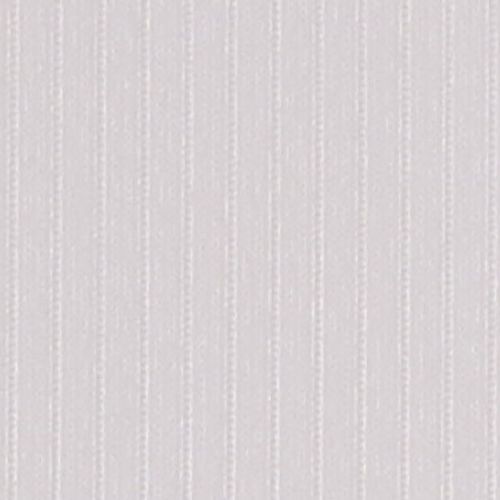 Beige, subtly textured wallpaper with narrow vertical white pinstripes covering a wall; close-up view showing soft, even ambient indoor lighting and no visible fixtures.