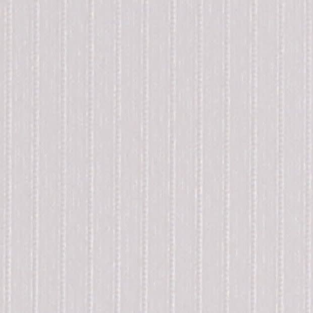 Beige, subtly textured wallpaper with narrow vertical white pinstripes covering a wall; close-up view showing soft, even ambient indoor lighting and no visible fixtures.