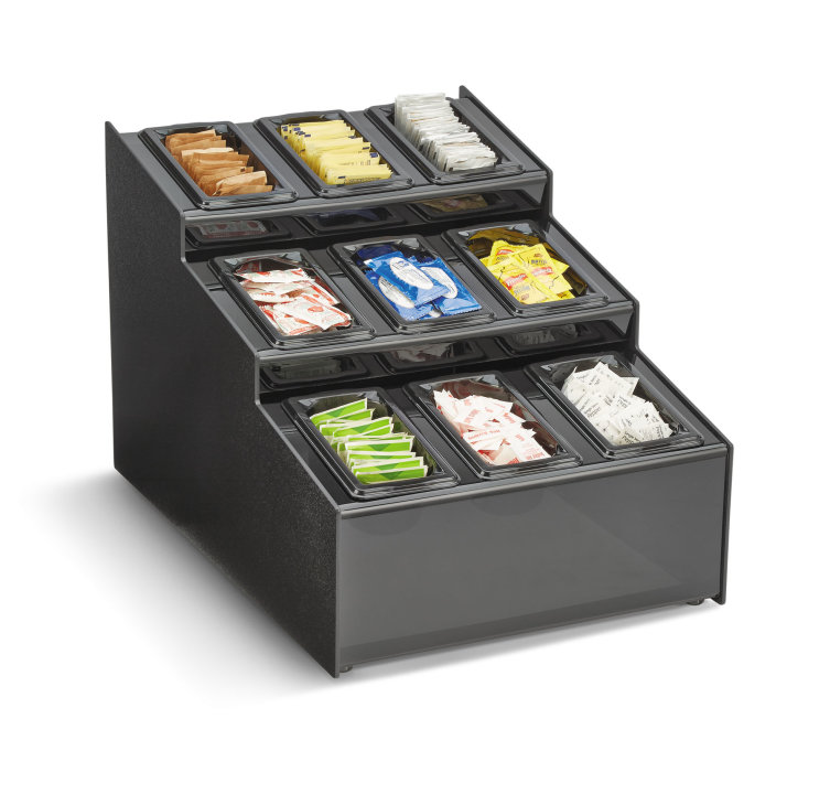 Nine-compartment countertop condiment organizer with removable black plastic pans