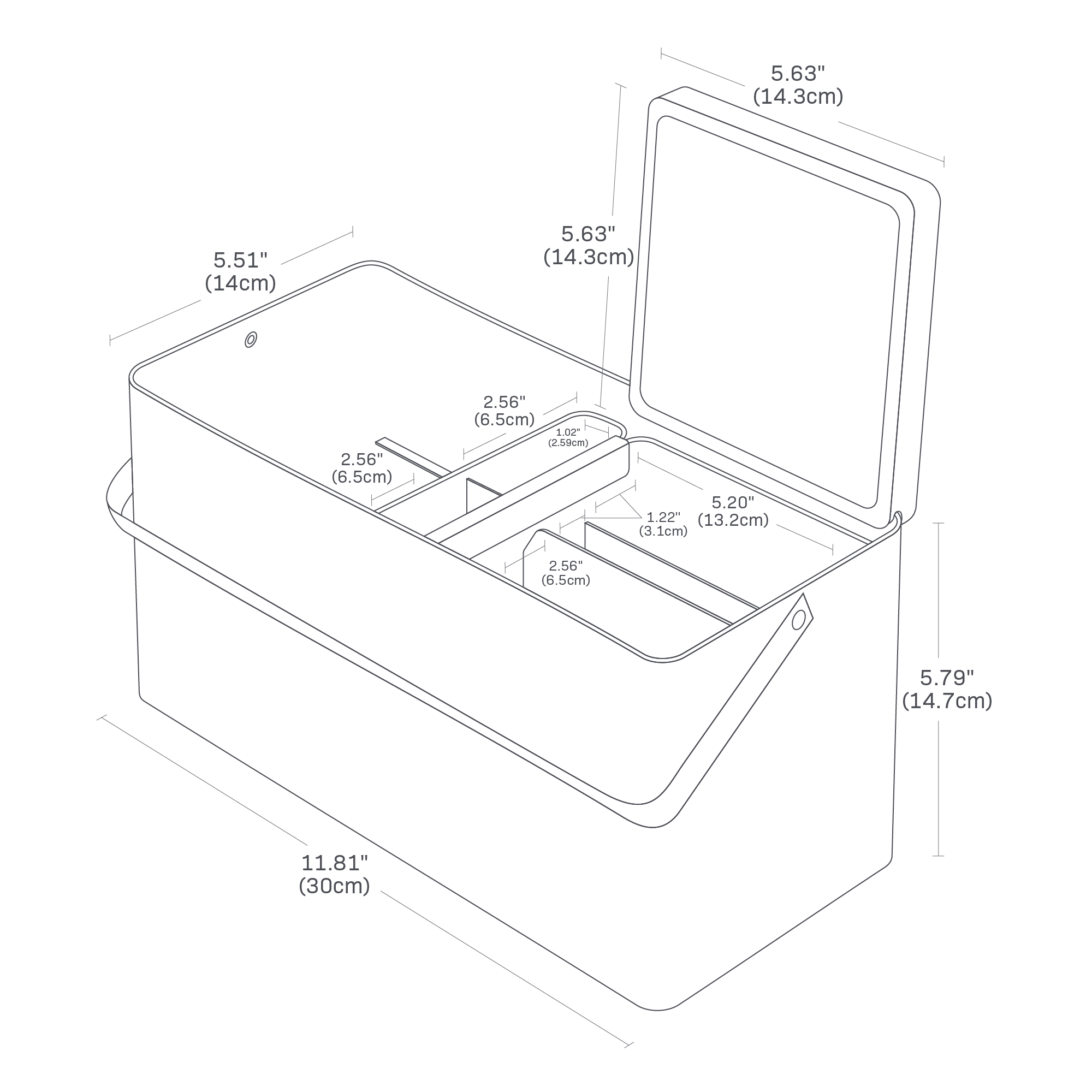 Dimension image for Makeup Organizer with Mirror showing a total length of 11.81 inches, width of 5.51 inches and height of 5.79 inches. Large inner tray dimensions of 5.20 inches spaced out by 1.22 inches and 2.56 inches. Smaller tray width of 1.02 inches and 2 2.56 inches compartments.