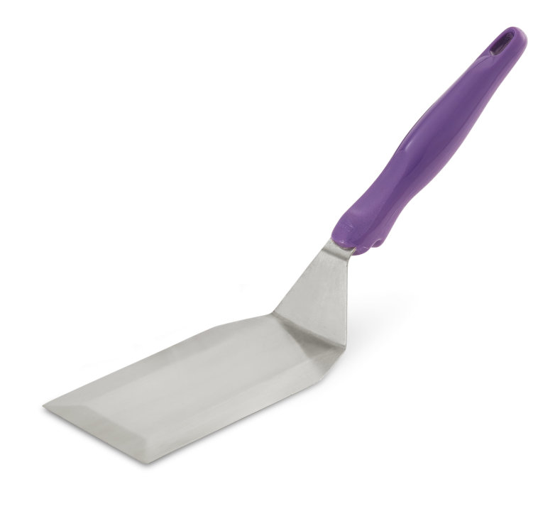 Heavy-duty stainless steel hamburger turner with beveled edges and purple nylon Ergo Grip™ handle