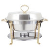 5 ⅘-quart round chafer in mirror finish and classic brass trim with food pan, water pan, dome cover and fuel holder