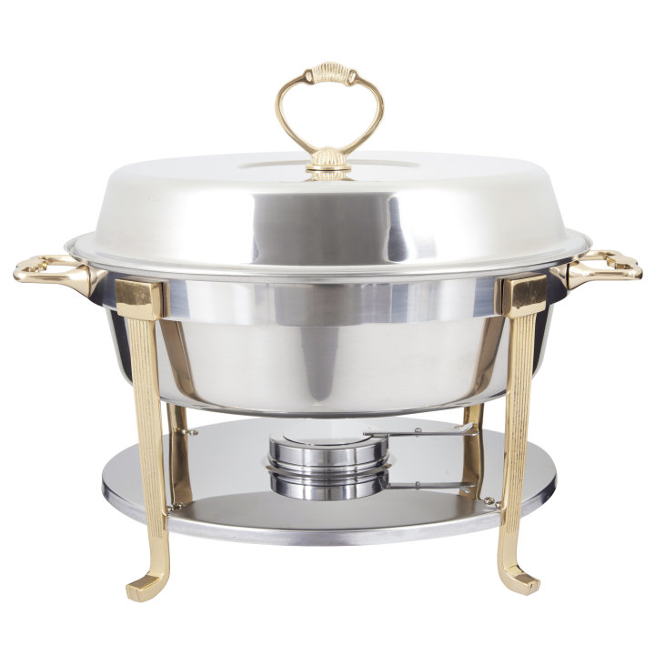 5 ⅘-quart round chafer in mirror finish and classic brass trim with food pan, water pan, dome cover and fuel holder