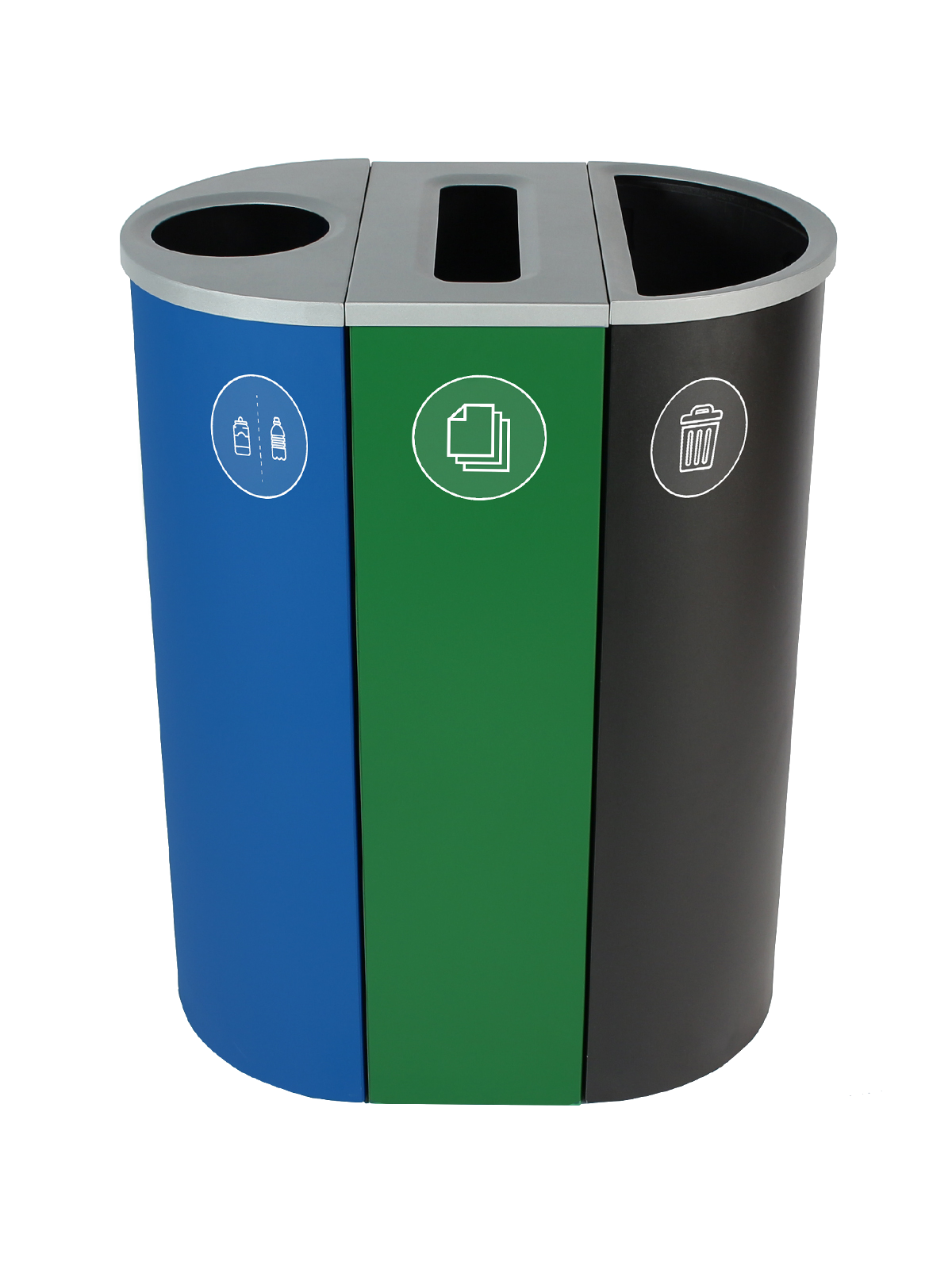 SPECTRUM – Triple – Kit – Cans & Bottles-Paper-Waste – Circle-Slot-Full – Blue-Green-Black