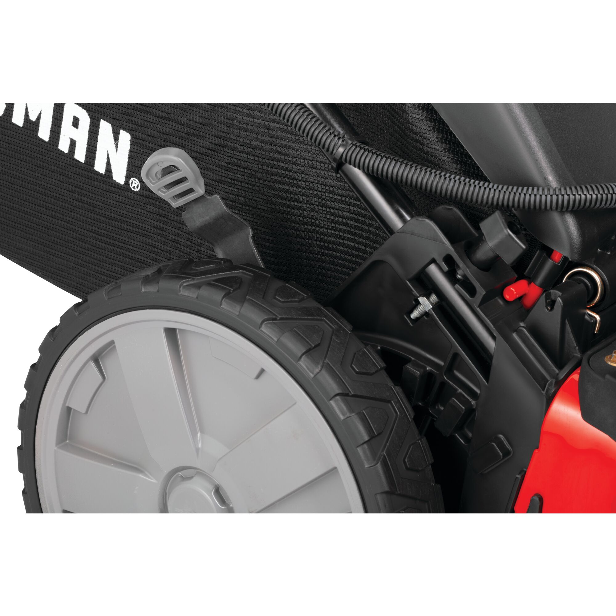 Tire lock feature of a 21 inch 159 c c f w d self propelled mower with v 20 battery start.