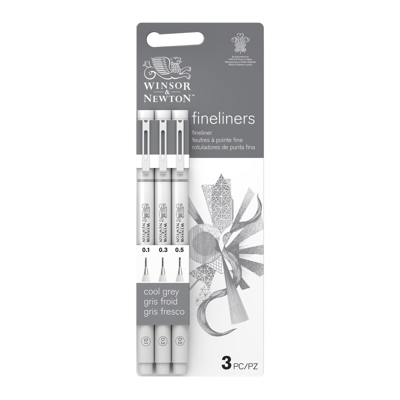 Fineliner Pens, Cool Grey, Assorted Sizes, Set Of 3