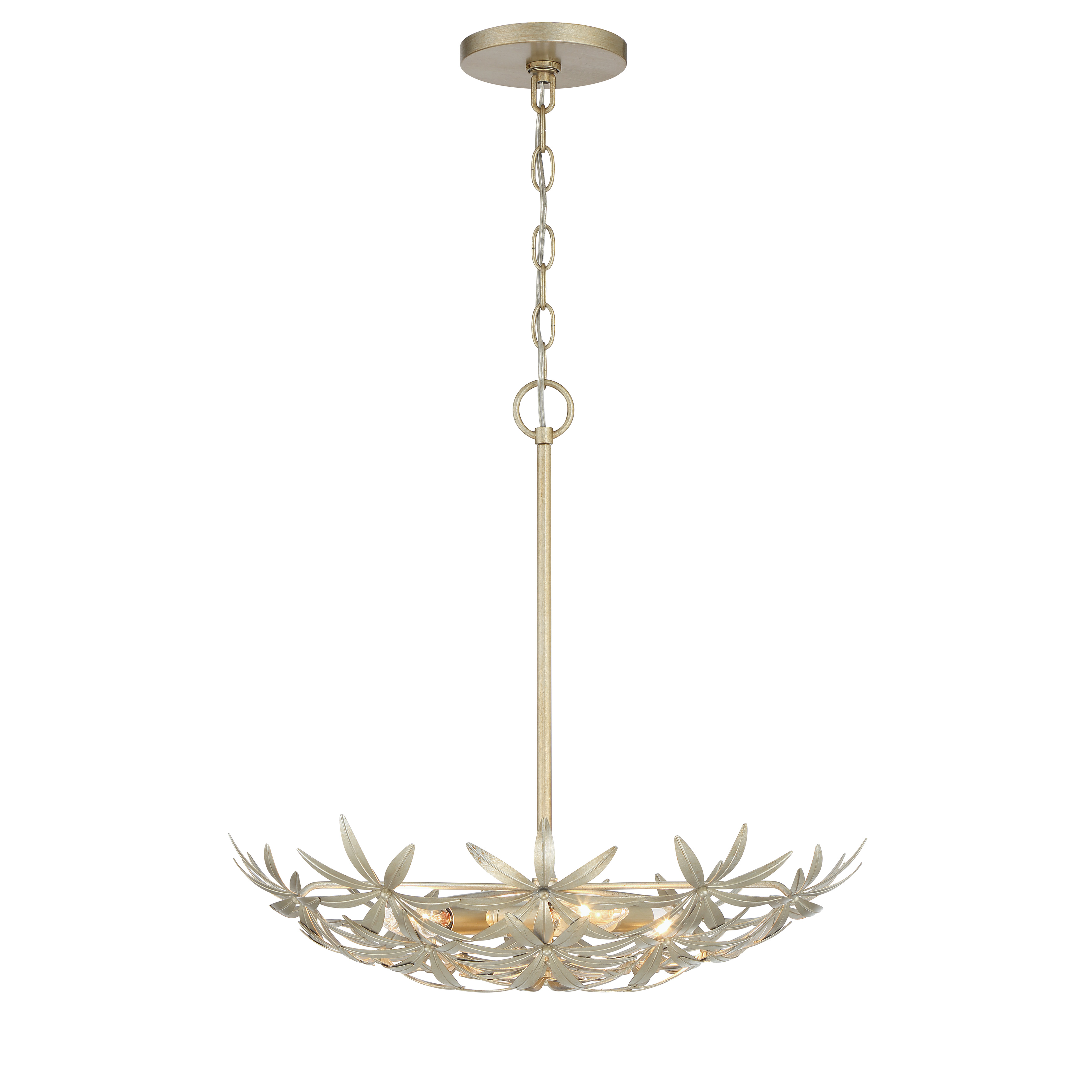 The Flower Child pendant brings organic modern style with its botanical-inspired design and warm Ambry Gold finish. Four candelabra lights provide ample illumination while the steel construction ensures durability. - alternate view