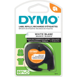 DYMO® LT Iron-On Fabric Labels for LetraTag Label Makers, Black Print on White Labels, 1/2-Inch x 6-1/2-Foot Roll, Iron On